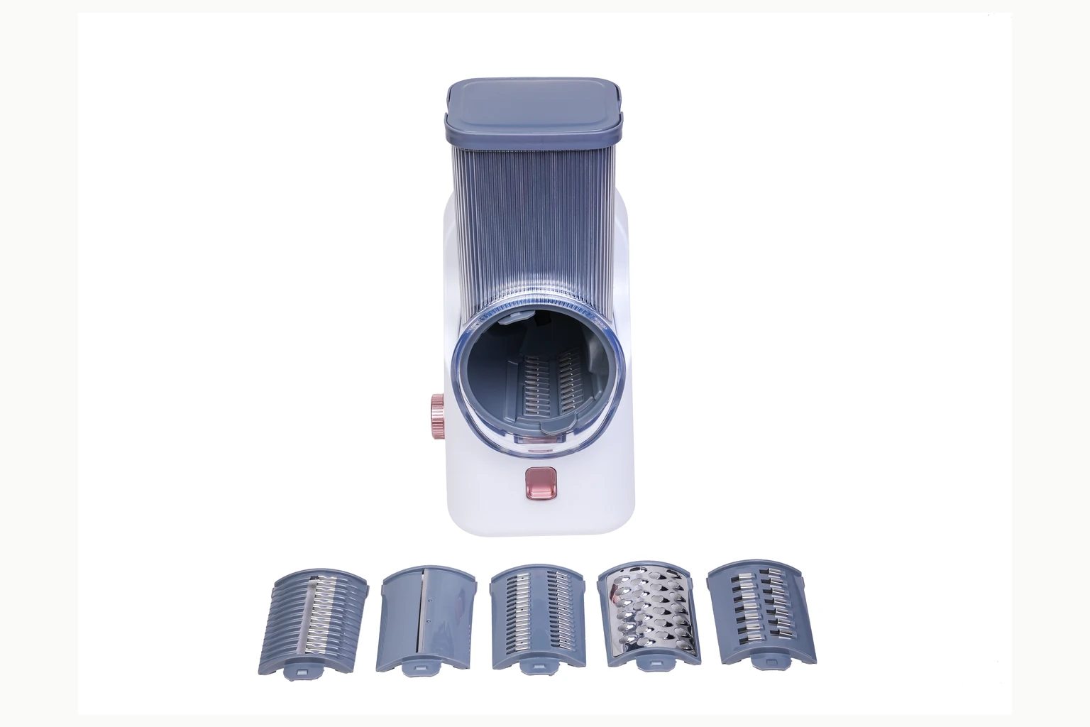 Verified DL102 product photograph showing interchangeable stainless-steel cutting drums
