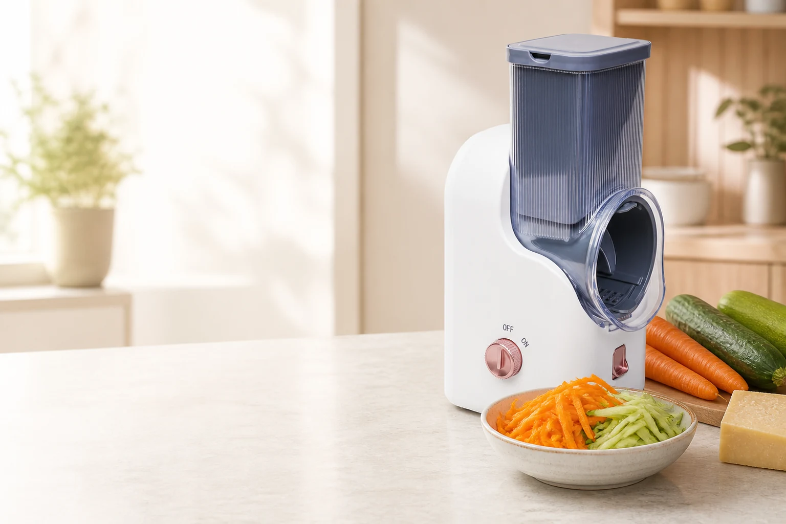 Golden-Yee DL102 compact vegetable slicer with shredded vegetables on a bright kitchen counter