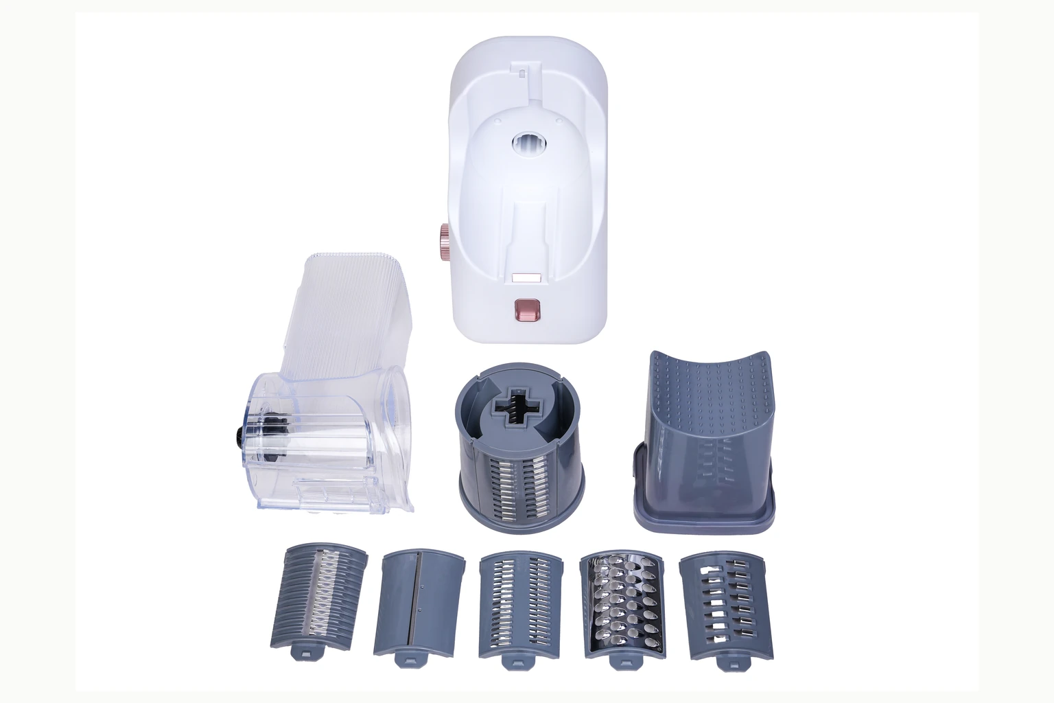 Verified DL102 removable feed, holder and cutting-drum components arranged on white