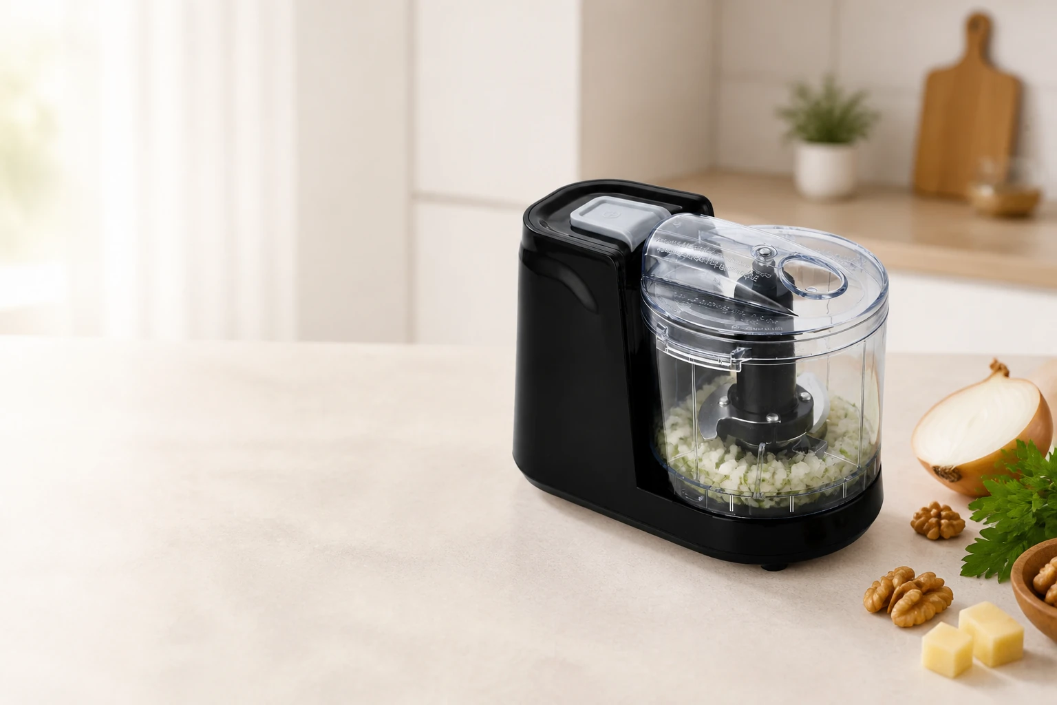 Golden-Yee DL201 side-drive food chopper preparing a small batch of onion and herbs