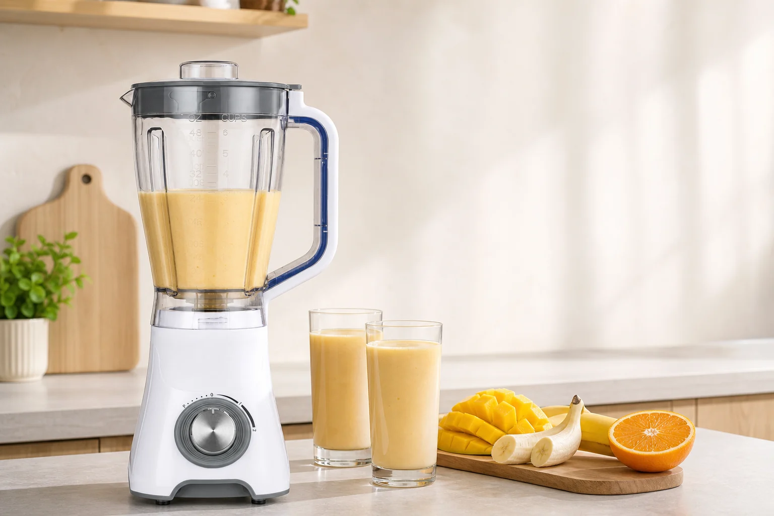 Golden-Yee GBL005 blender with mango banana smoothie, two glasses and fresh fruit