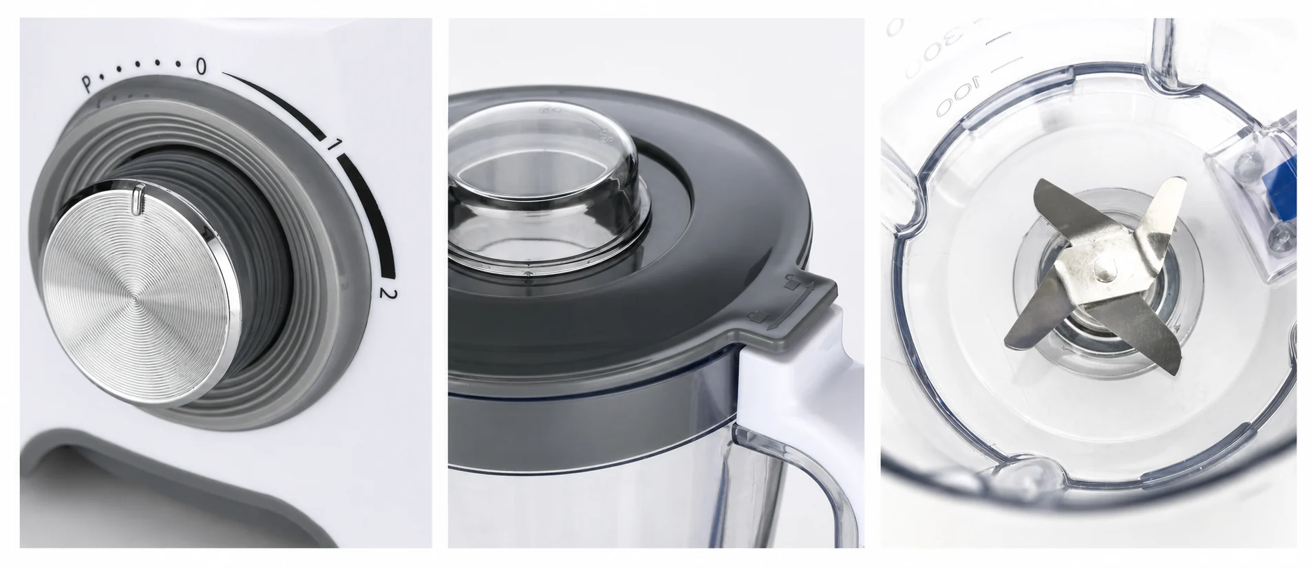 Close-up views of the GBL005 rotary dial, locking lid and four-leaf stainless-steel blade