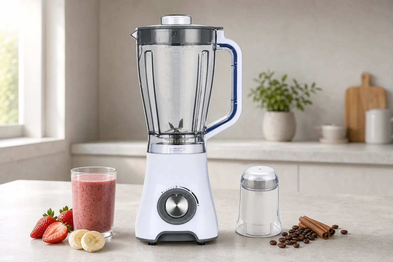 Golden-Yee GBL005 blender and grinder with smoothie ingredients and coffee beans