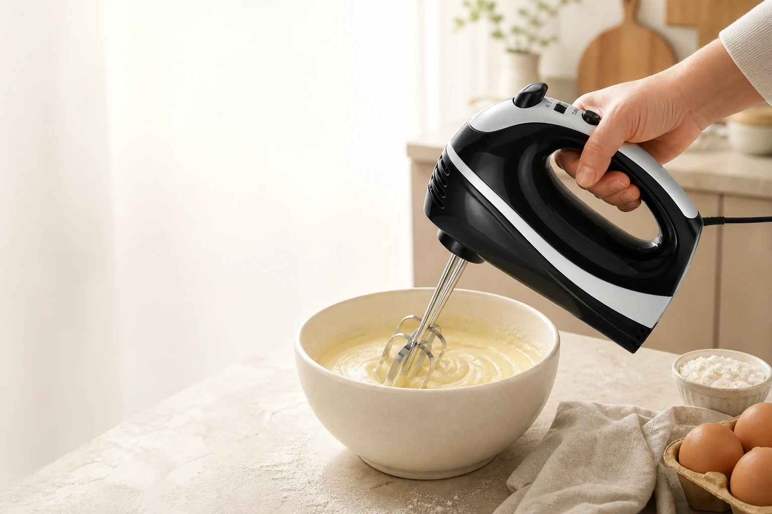 Golden-Yee GHM007 hand mixer blending cake batter in a ceramic bowl