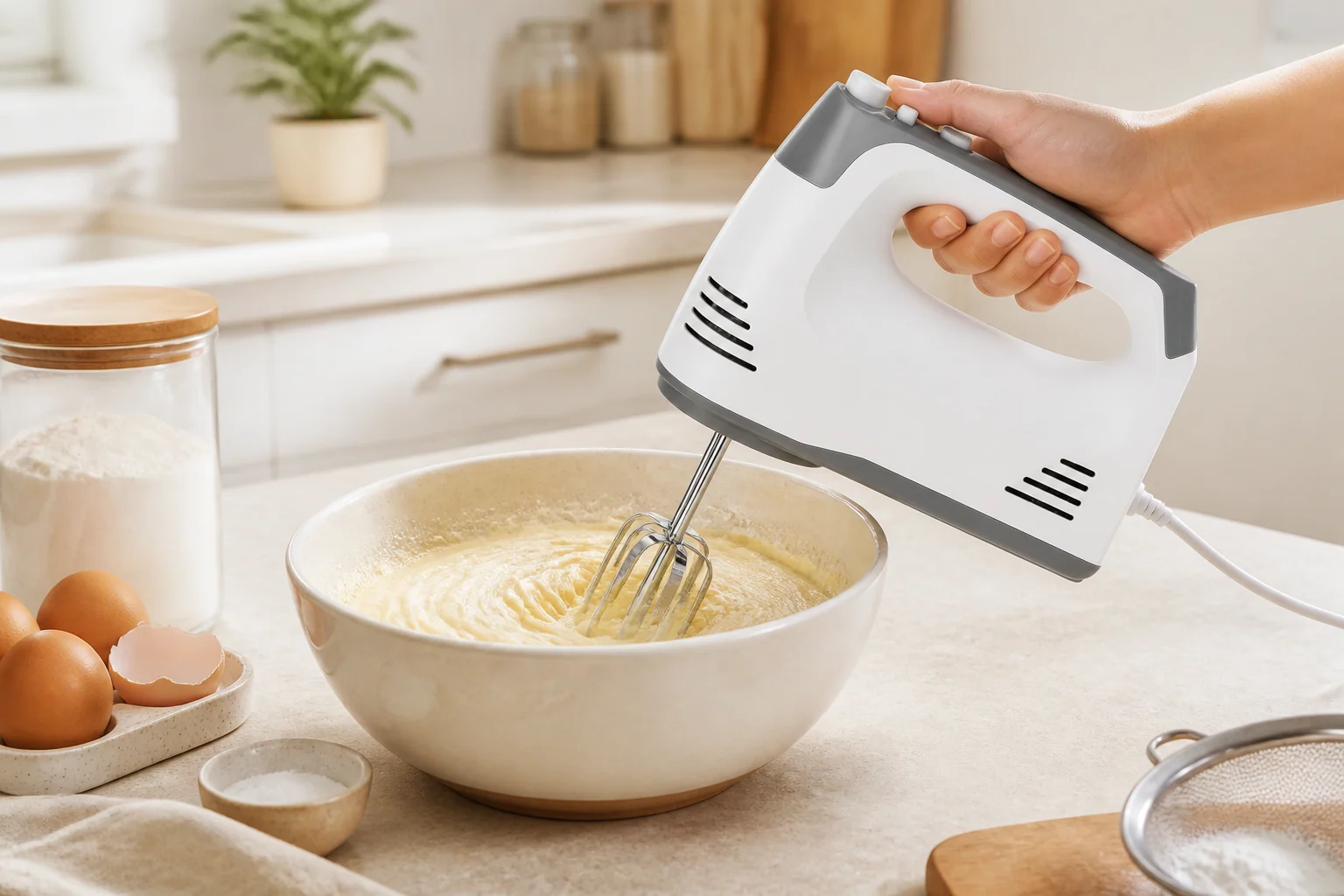 Golden-Yee GHM009 white and gray hand mixer blending cake batter in a ceramic bowl