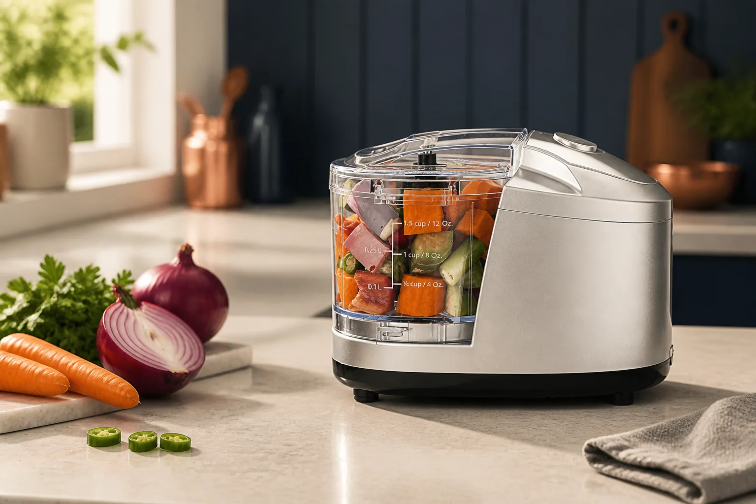 Golden-Yee GMC006 compact mini chopper with fresh vegetables on a kitchen counter