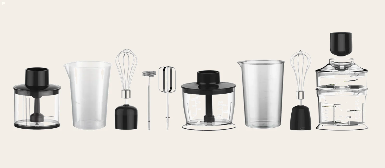 Supplier reference showing available PX hand blender choppers, beakers, whisk, frother and beater attachments