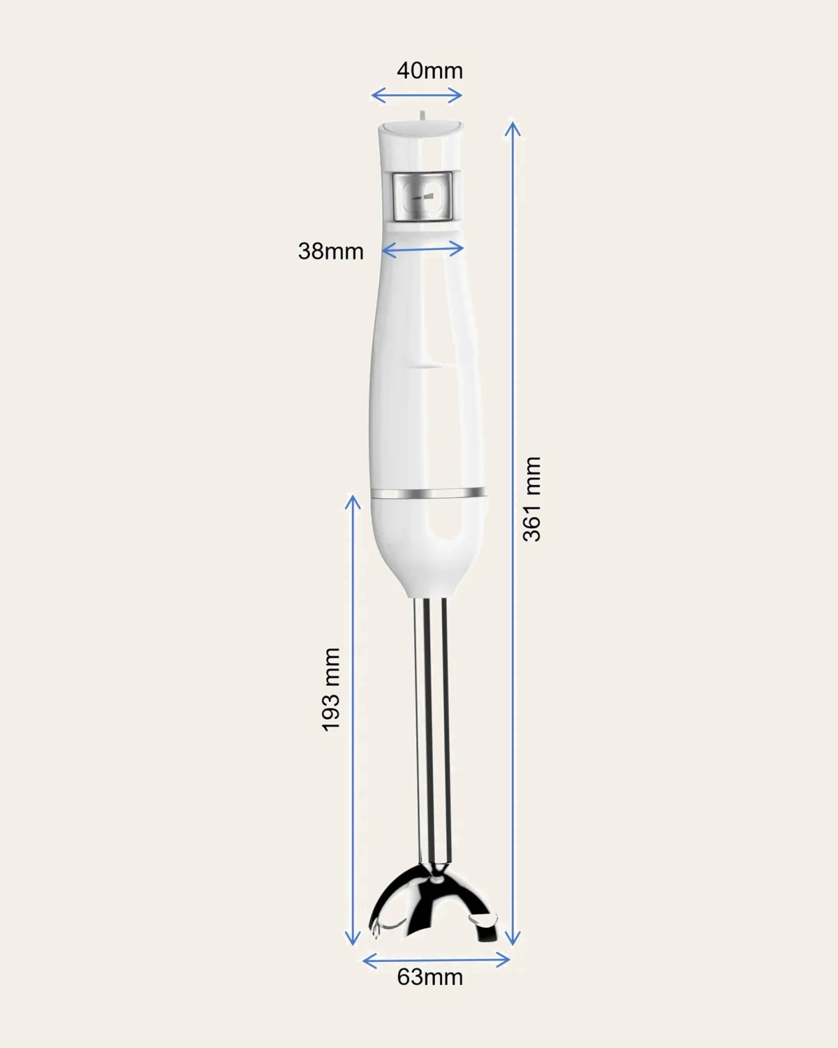 Supplier PX8231 dimension drawing showing the hand blender body and blending shaft
