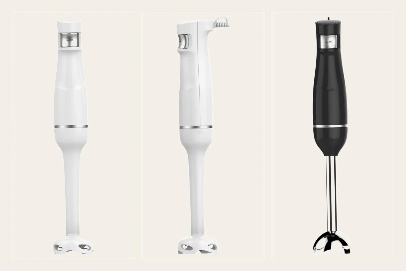 Supplier studio views of the white and black PX8231 hand blender with detachable blending shafts