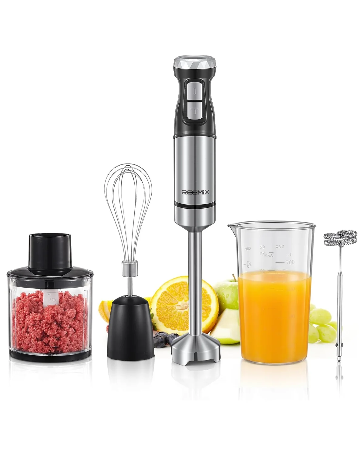 Customer retail reference showing the PX8245 motor, blending shaft, whisk, milk frother, chopper and measured beaker