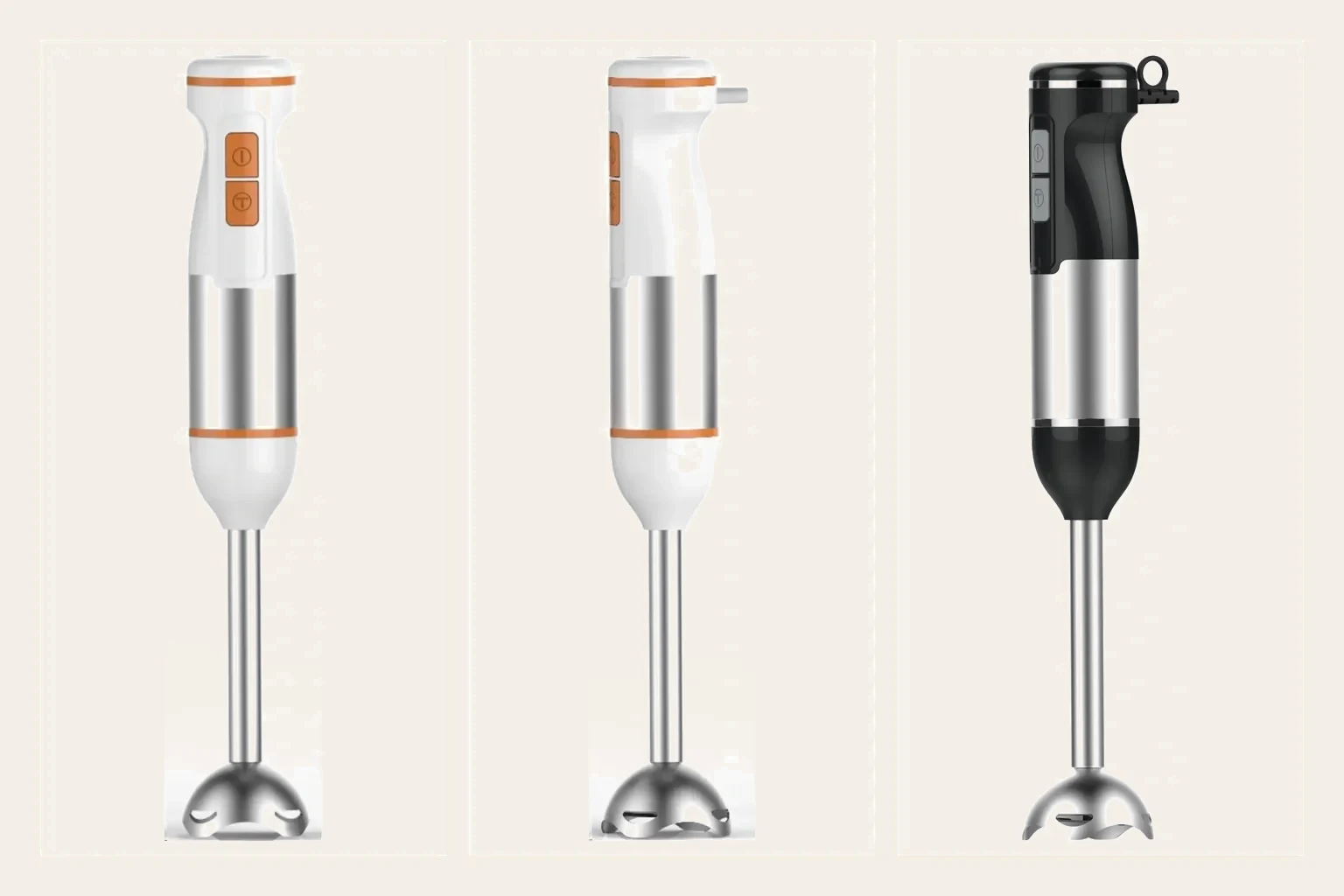 Supplier studio views of white and black PX8250 hand blender appearance directions