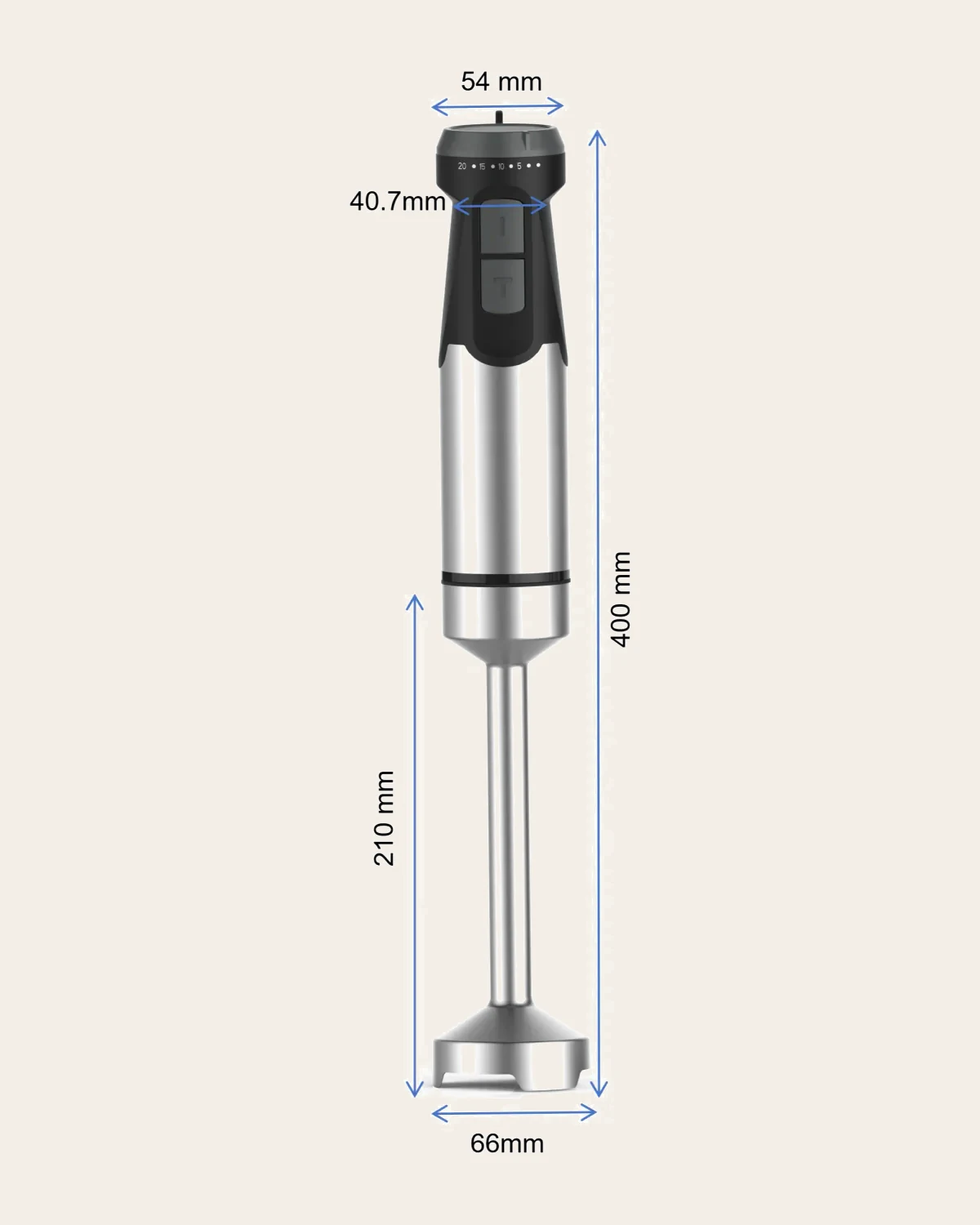 Supplier PX8255 dimension drawing showing the hand blender proportions