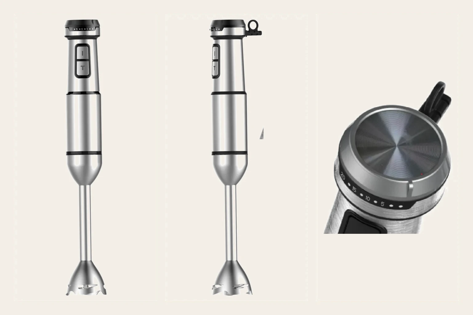 Supplier front and side studio views plus top-dial detail for the PX8257 hand blender