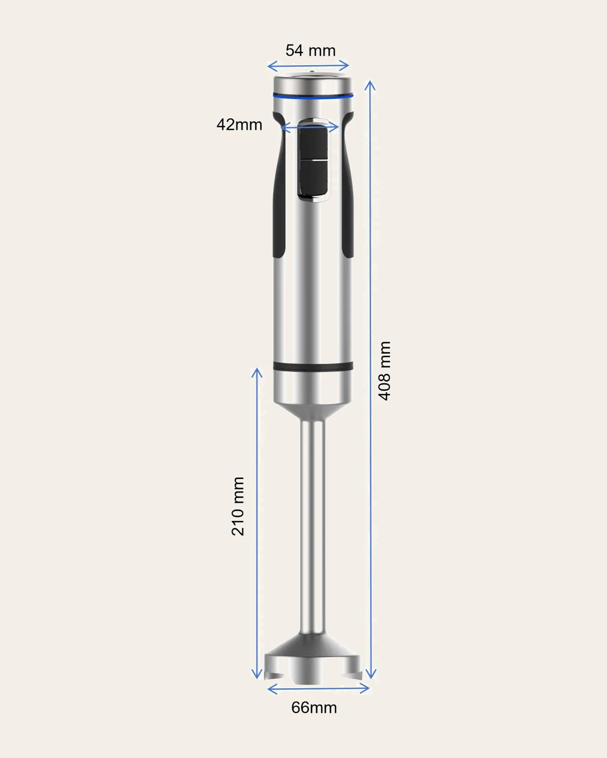 Supplier PX8258 dimension drawing showing the full hand blender assembly
