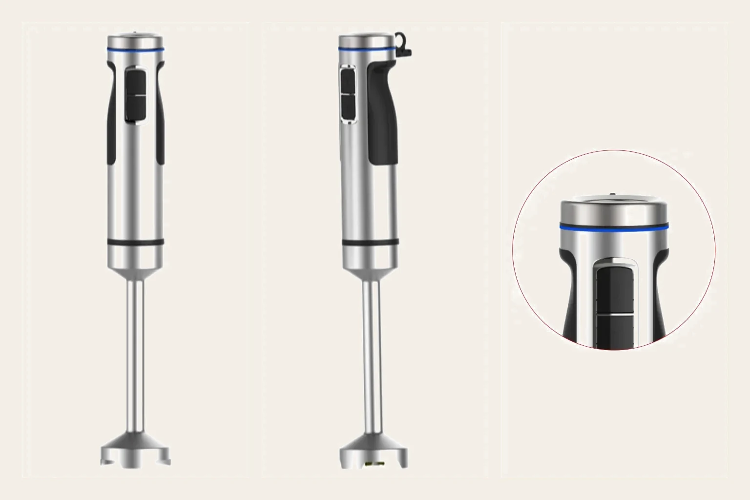 Supplier front, side and illuminated-ring detail views of the PX8258 hand blender